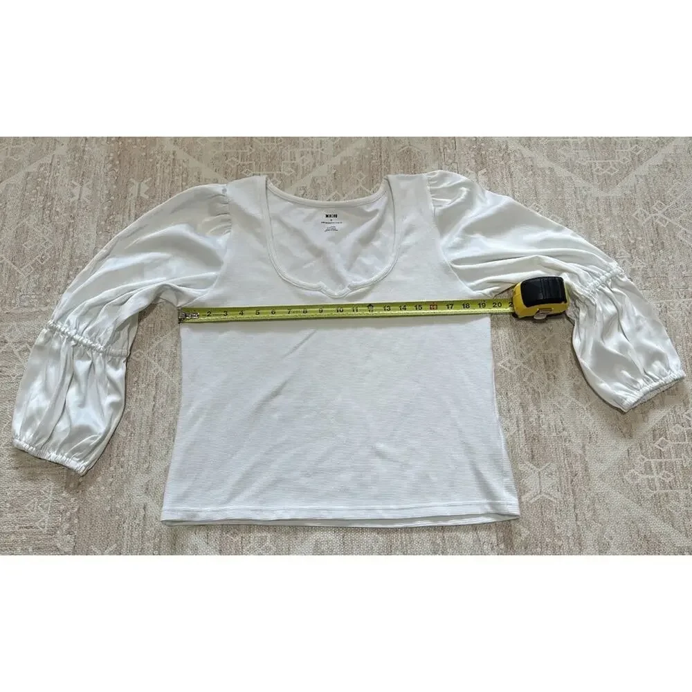 Maeve Anthropologie Top Women XL White Satin Sleeve Blouse Romantic Ribbed